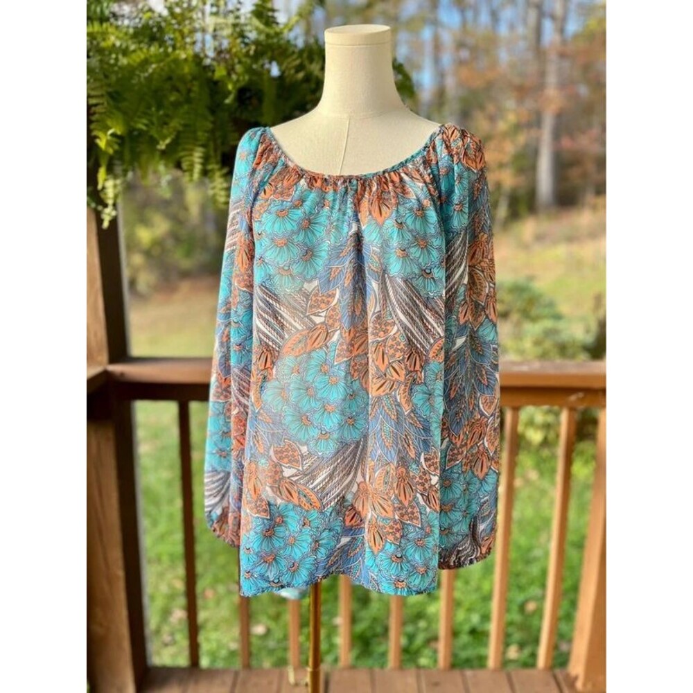 Karen Kane XL Retro Floral Boho Tunic Blouse Turquoise Orange USA Made